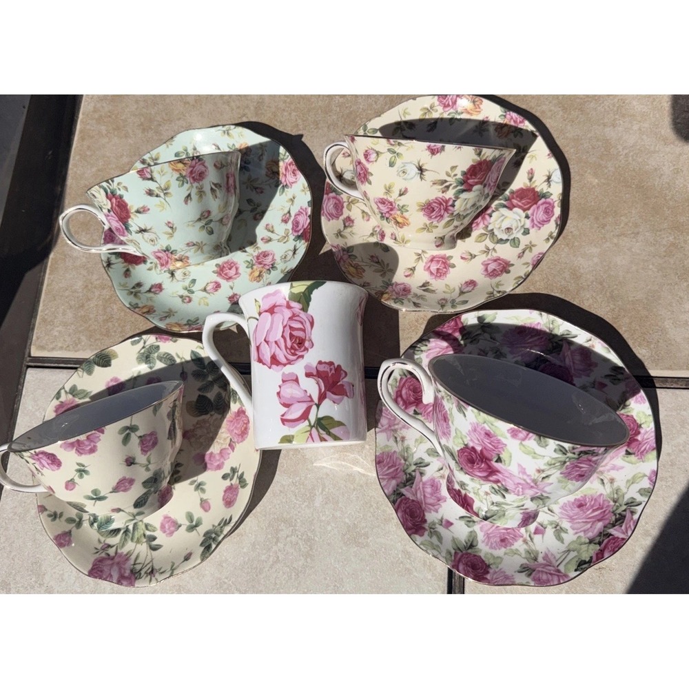 Gracie Tea Set By Coastline Imports Roses Colorful Vintage 9 Piece Lot Gold Rim
